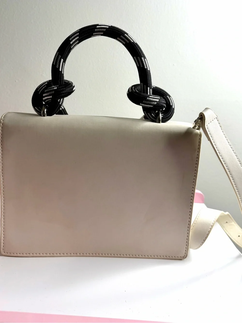 Maniere De Voir Cream Crossbody Satchel with Black Rope Top Handle